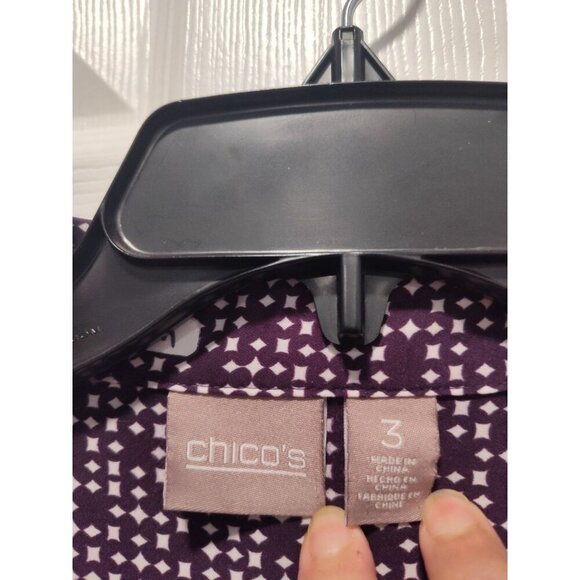 Chicos Size 3 XL/16 Purple White Ditsy Geo Roll Tab LS Buttonup Top Classic EUC - Picture 3 of 11